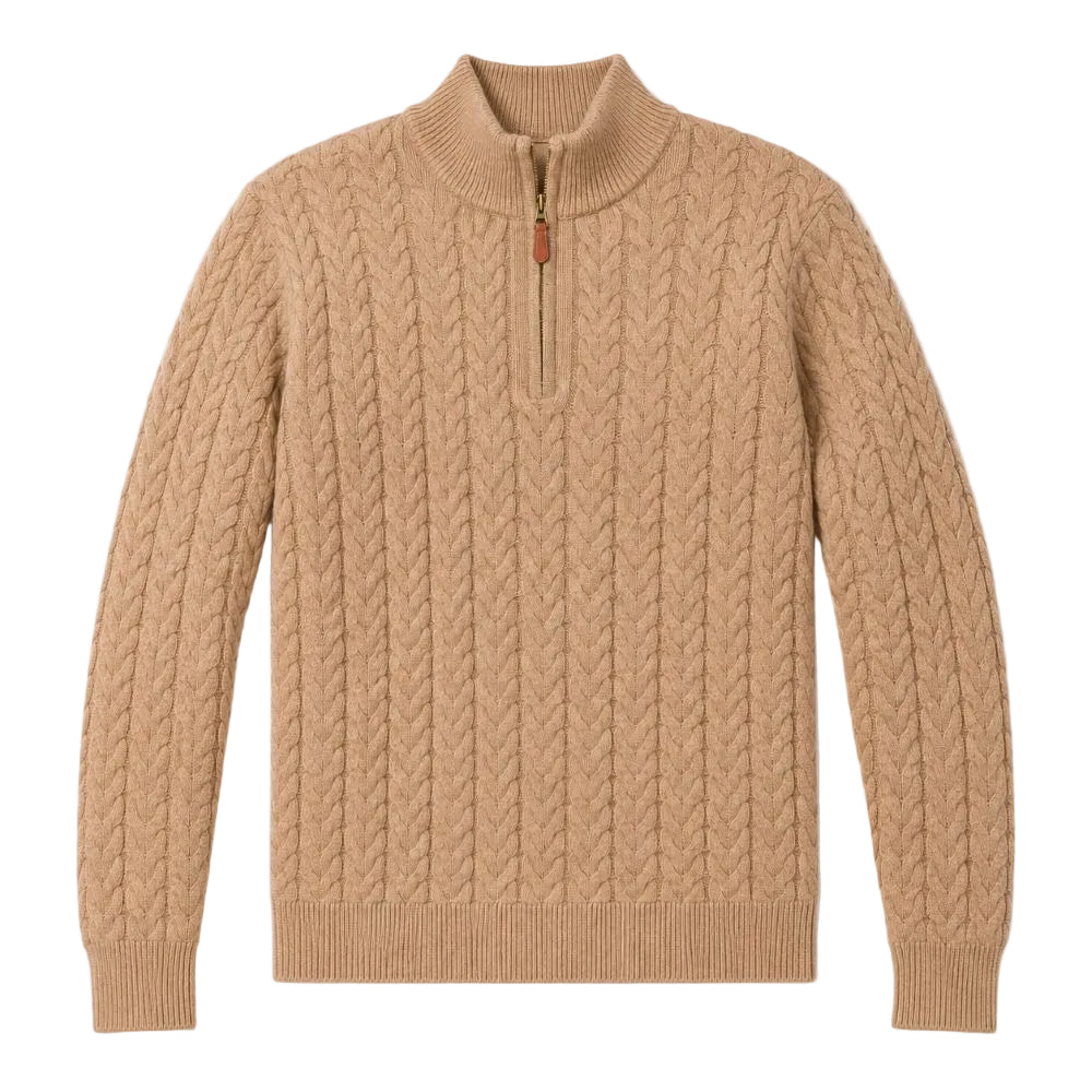 A beige cable-knit quarter-zip sweater with a mock neck, displayed flat against a white background.