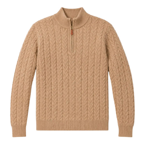 A beige cable-knit quarter-zip sweater with a mock neck, displayed flat against a white background.