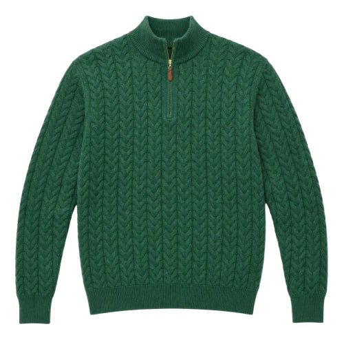A dark green cable-knit quarter-zip sweater with a ribbed mock neck, cuffs, and hem, shown flat on a white background.