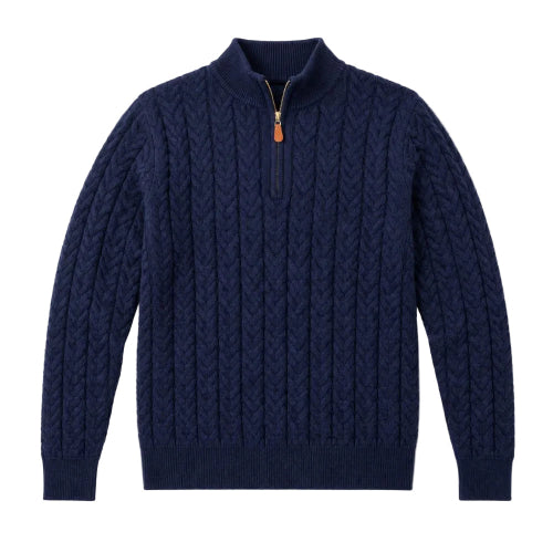 A navy blue cable-knit quarter-zip sweater with a stand collar and a small orange zipper pull, shown flat against a white background.