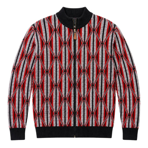 A knit zip-up jacket featuring a bold geometric diamond pattern in red, black, and white, with solid black ribbed collar, cuffs, and hem.