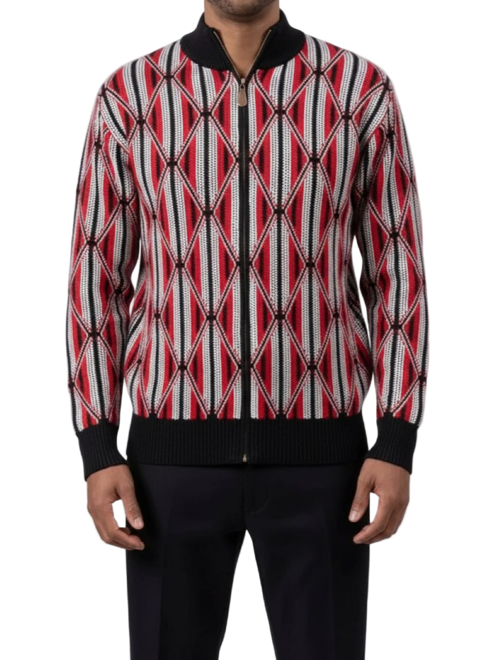 Men's Black Full Zip-Up Geometric Diamond Pattern Sweater