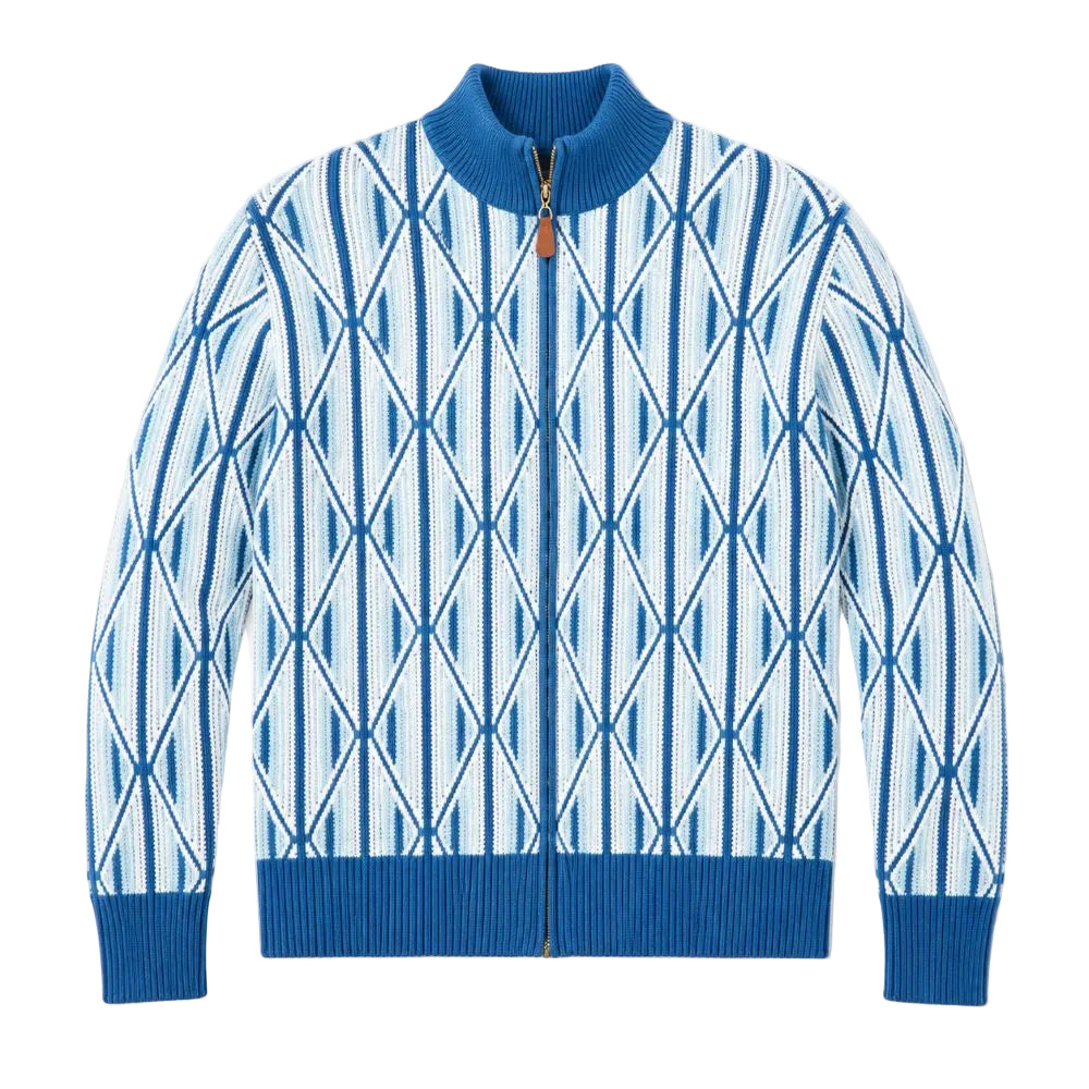 A blue and white patterned knit zip-up sweater with a mock neck, ribbed collar, cuffs, and hem, shown flat on a white background.