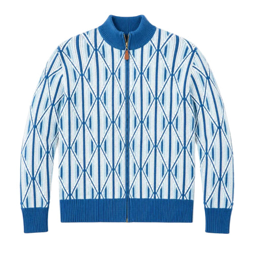 A blue and white patterned knit zip-up sweater with a mock neck, ribbed collar, cuffs, and hem, shown flat on a white background.