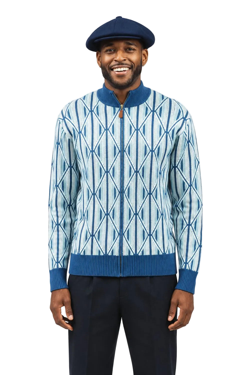 Blue men's full zip geometric diamond sweater