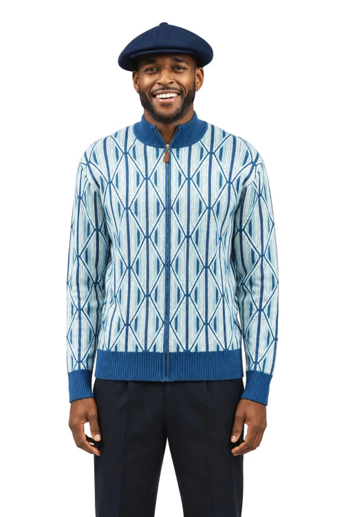 Blue men's full zip geometric diamond sweater