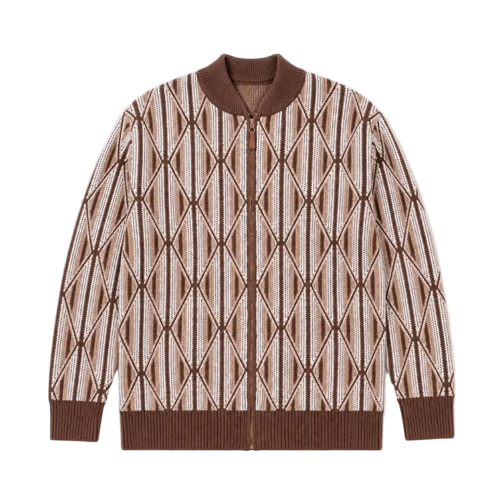 A brown and beige knit zip-up cardigan featuring a geometric diamond pattern, ribbed collar, cuffs, and hem, displayed flat against a white background.