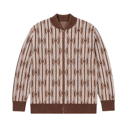 A brown and beige knit zip-up cardigan featuring a geometric diamond pattern, ribbed collar, cuffs, and hem, displayed flat against a white background.