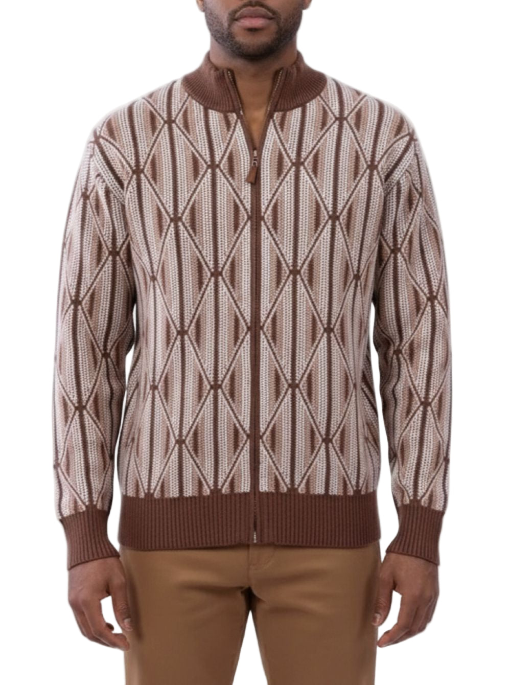 Brown full zip geometric diamond pattern sweater collar, sleeve, pocket close-up.
