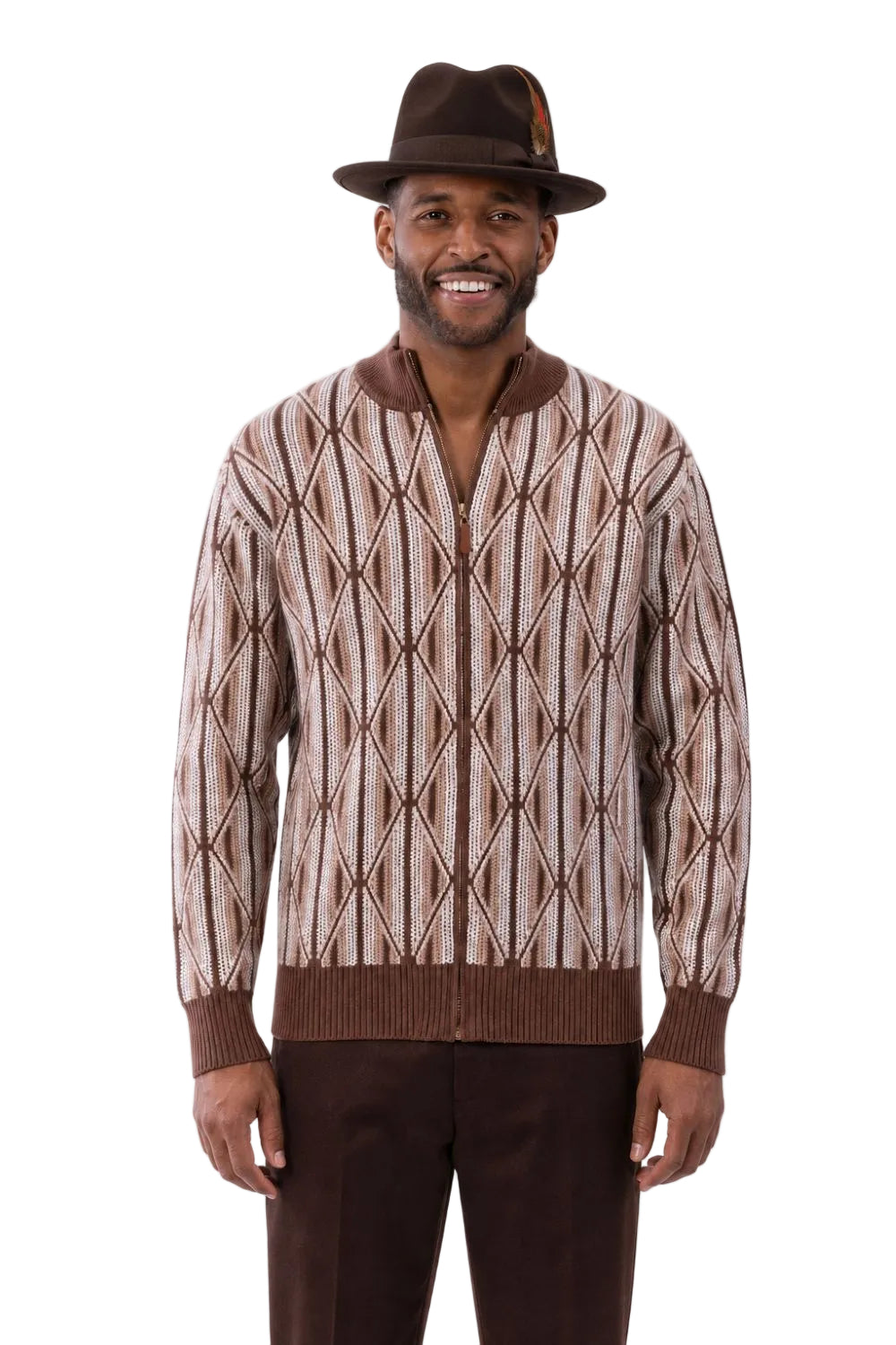 Brown men's full zip geometric diamond sweater