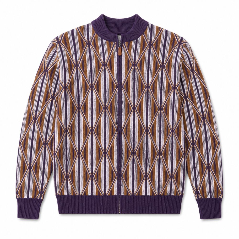 A long-sleeve knit zip-up sweater with a geometric diamond pattern in brown, white, and purple, featuring solid purple ribbed collar, cuffs, and hem.