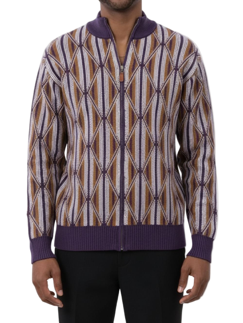Men's Plum Full Zip-Up Geometric Diamond Pattern Sweater