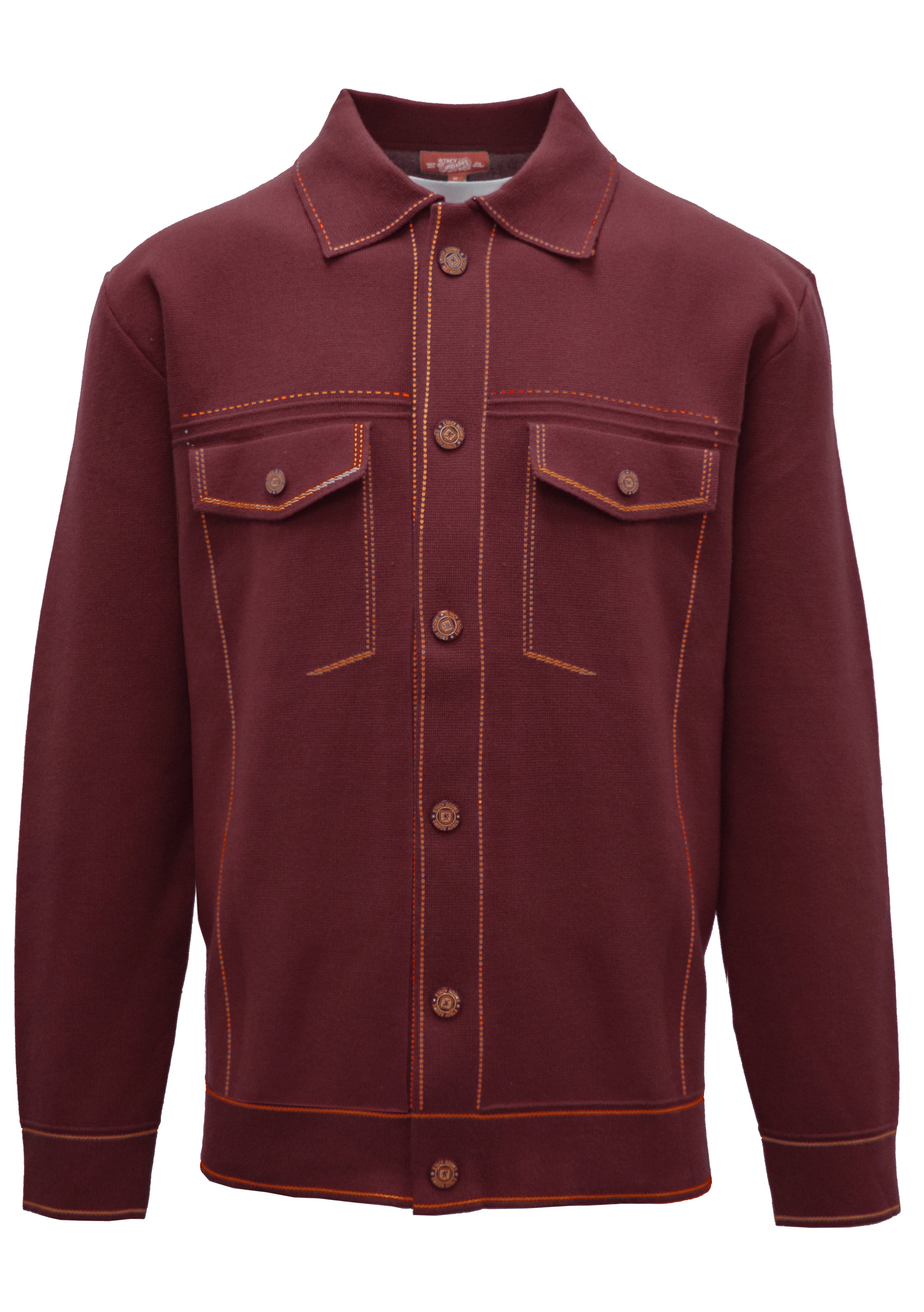 Solid Stacy Adams - Burgundy Knit Buttoned Jacket on a white background.