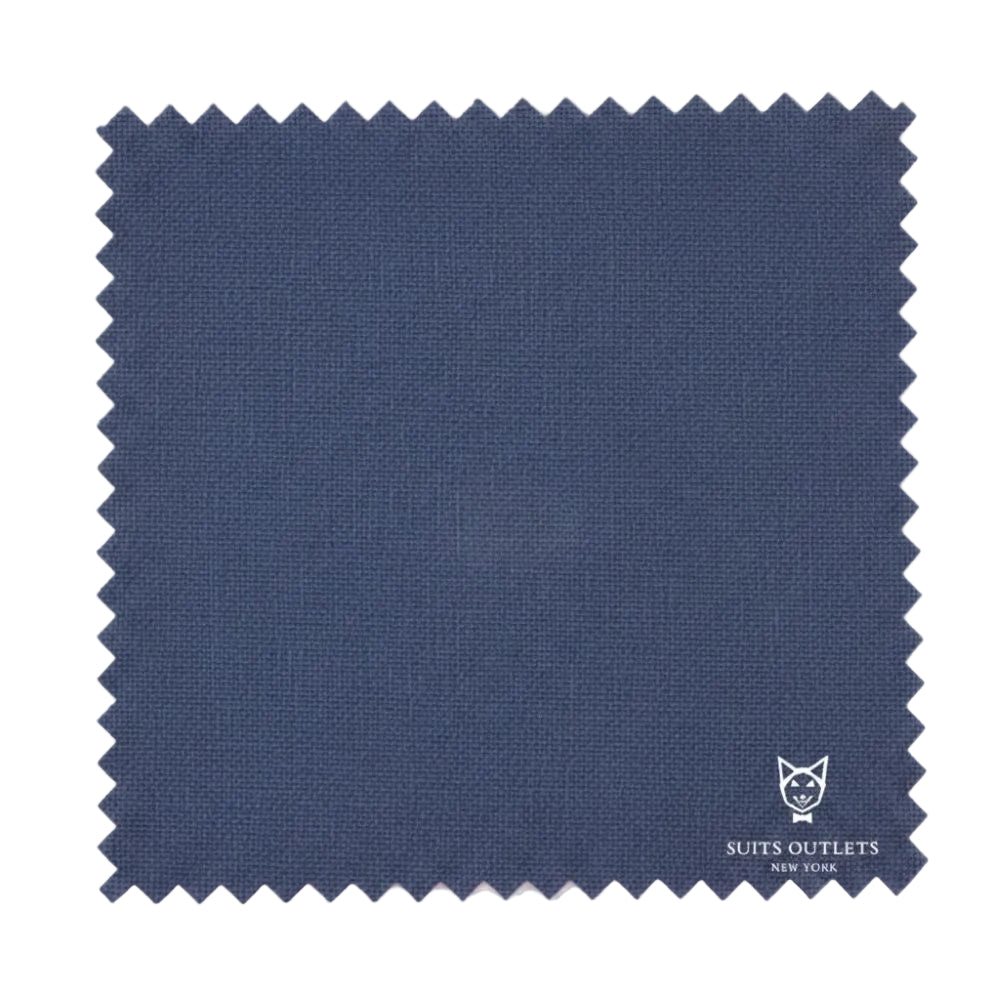 Navy blue fabric swatch with 'Suits Outlets New York' logo.