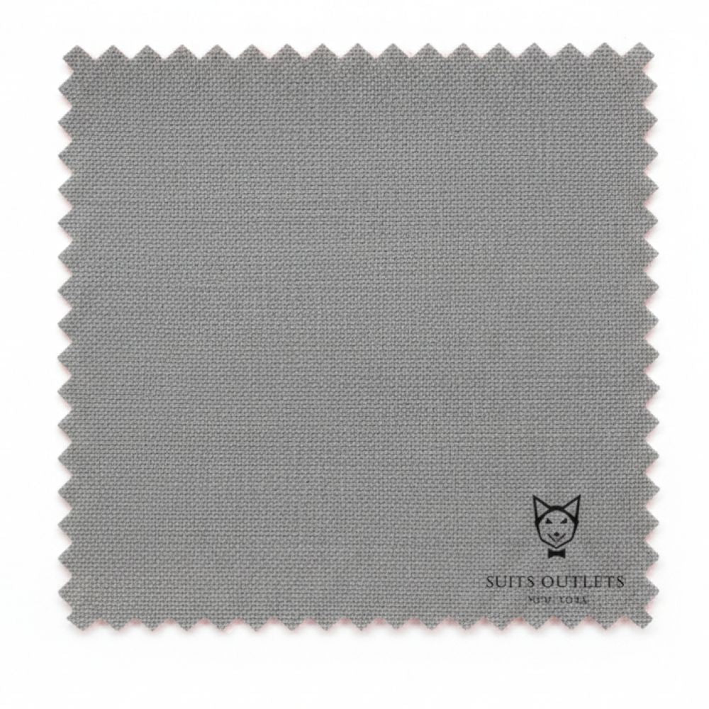 Gray fabric swatch with 'Suits Outlets' logo on a white background