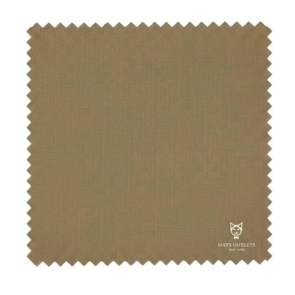 Brown fabric swatch with 'Suits Outlets New York' logo on a white background