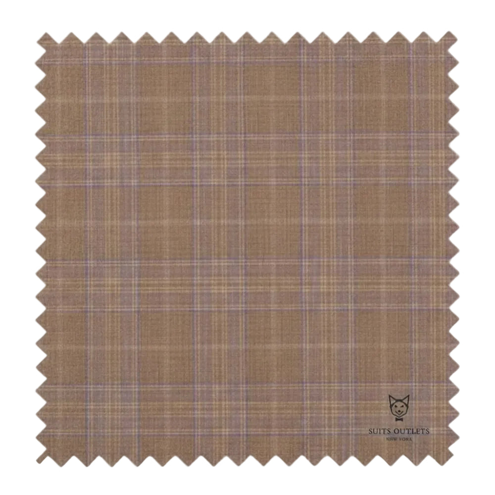 Detailed close-up of tan checkered Glen Plaid fabric for Pompey Collection Men's 2 Piece Regular Fit Dress Suit.