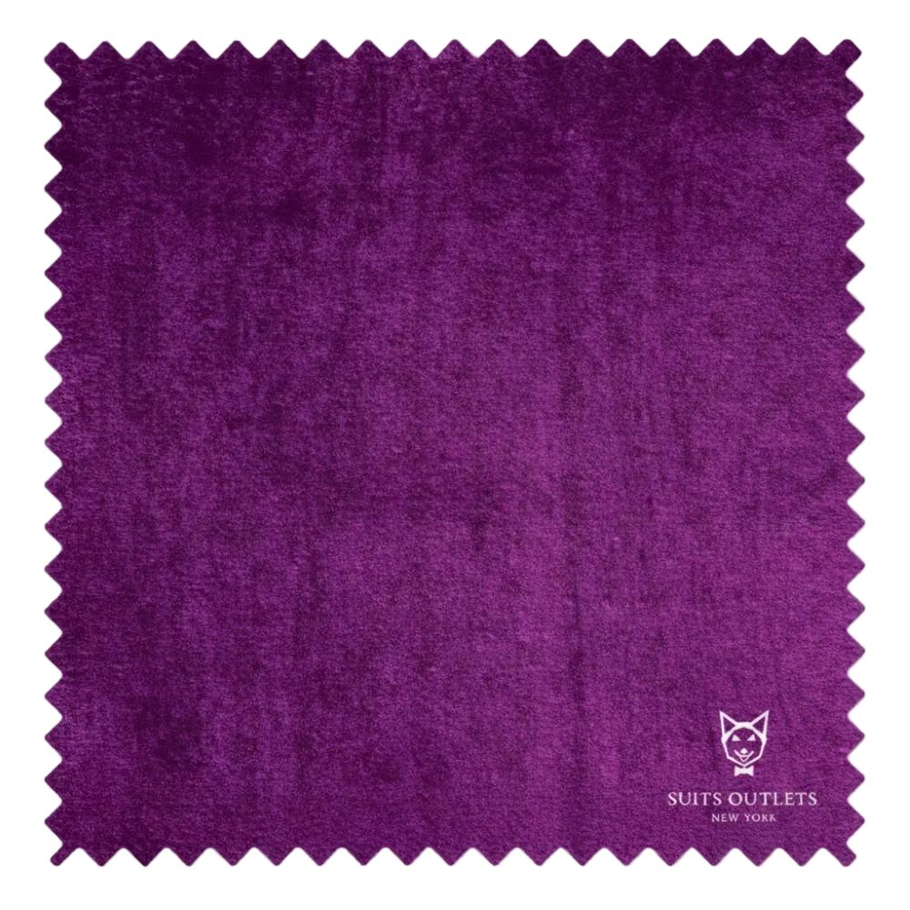 Purple fabric swatch with Suits Outlets New York logo