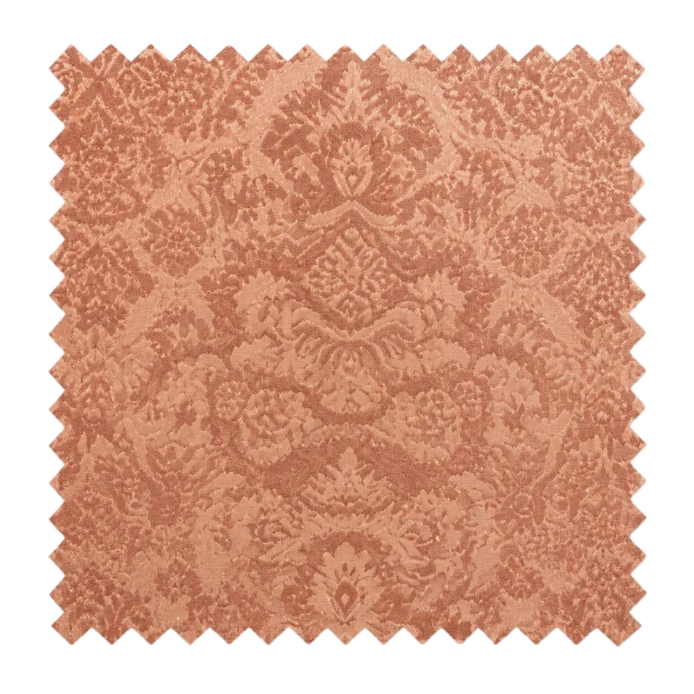 A square fabric or wallpaper swatch with a serrated zigzag edge, featuring a dusty rose and terracotta damask pattern on a white background.