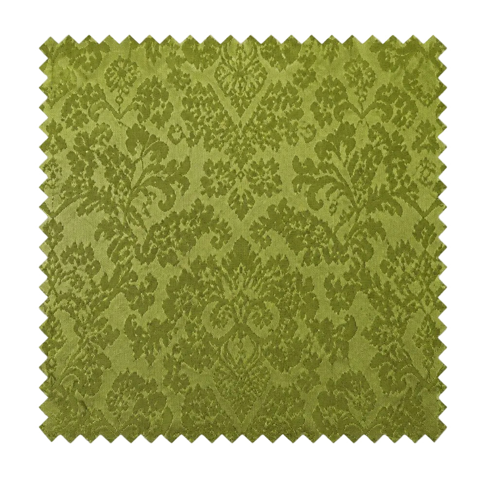 A square fabric swatch with a scalloped zigzag edge, featuring an olive green damask pattern on a lighter yellow-green background, shown against a plain white background.