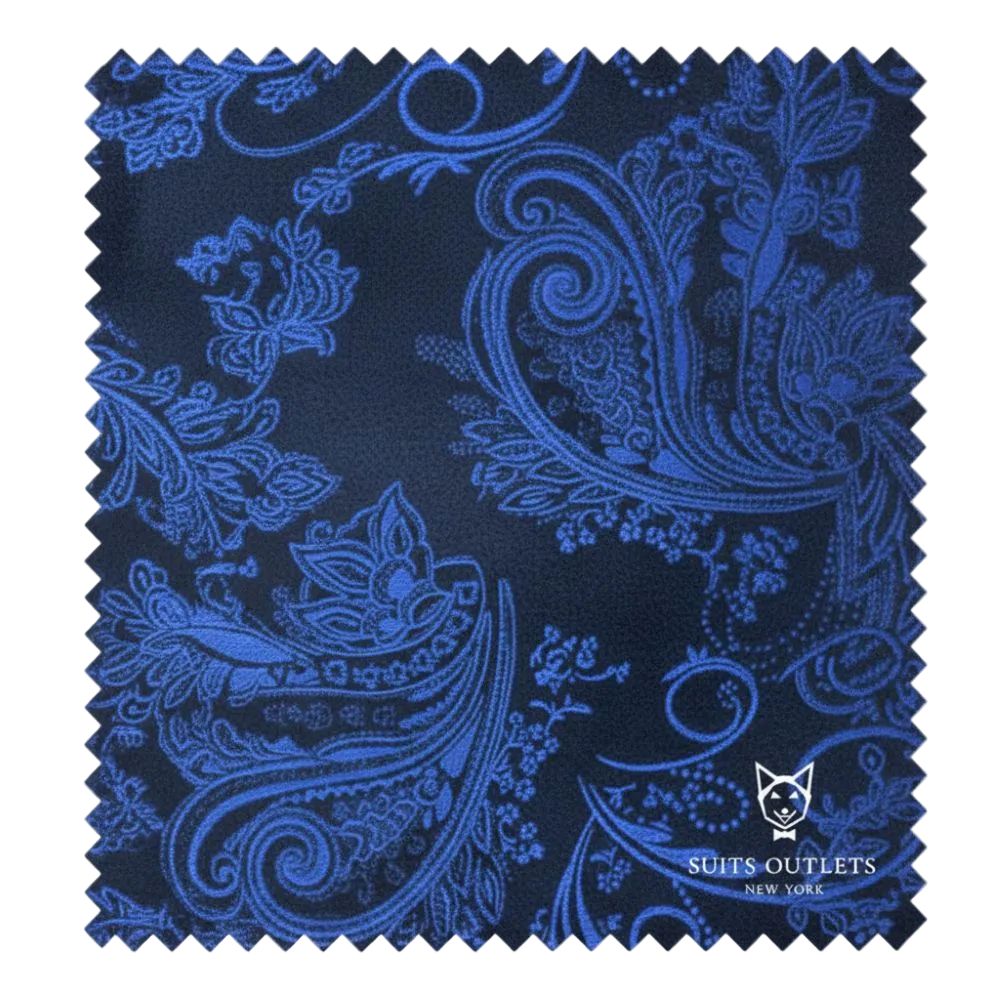 Blue paisley pattern on a black background with 'Suits Outlets' branding.