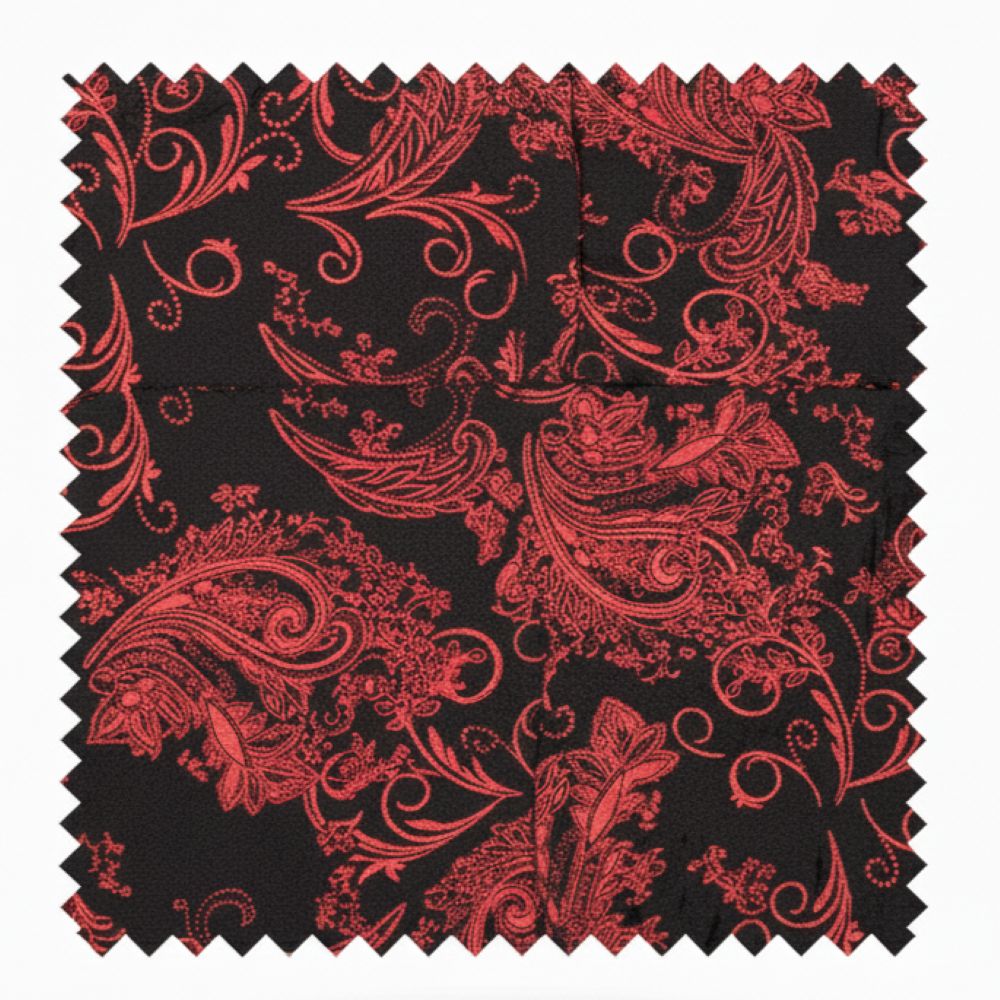 Red floral pattern on black fabric swatch