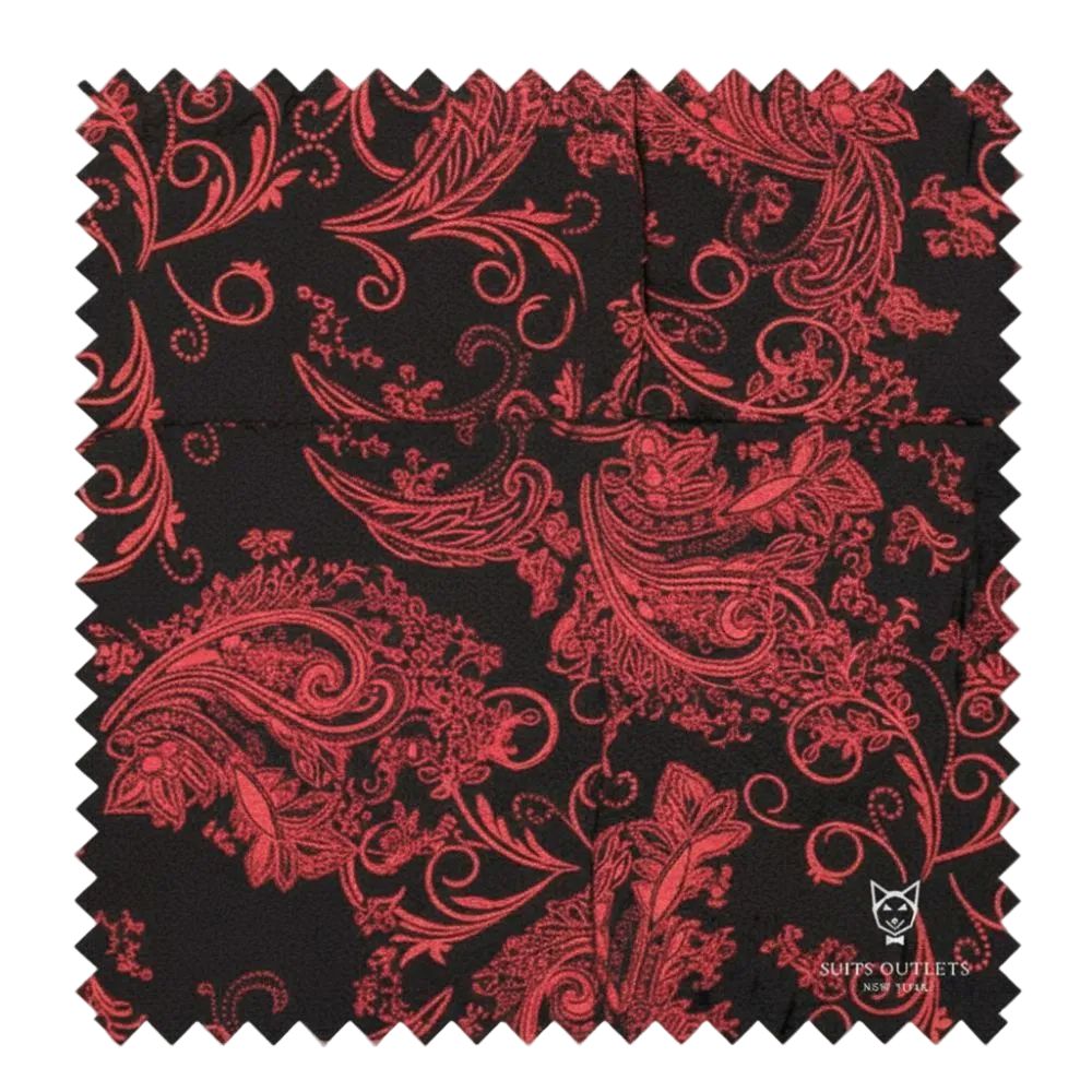 Red paisley pattern on black fabric with a brand logo in the corner.