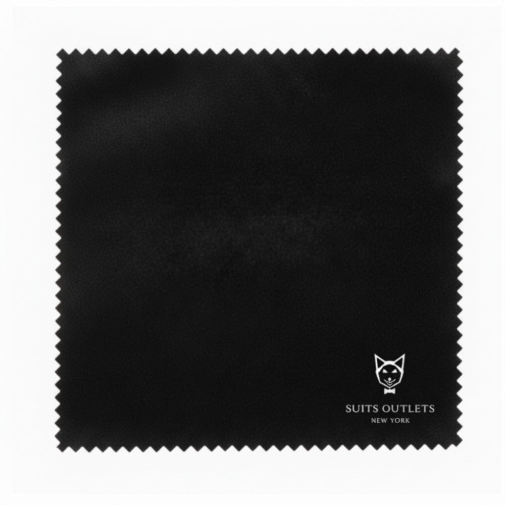 Black fabric swatch with Suits Outlets New York logo