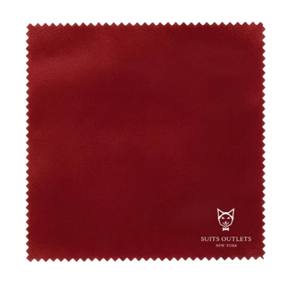 Red fabric swatch with 'Suits Outlets New York' logo on a white background