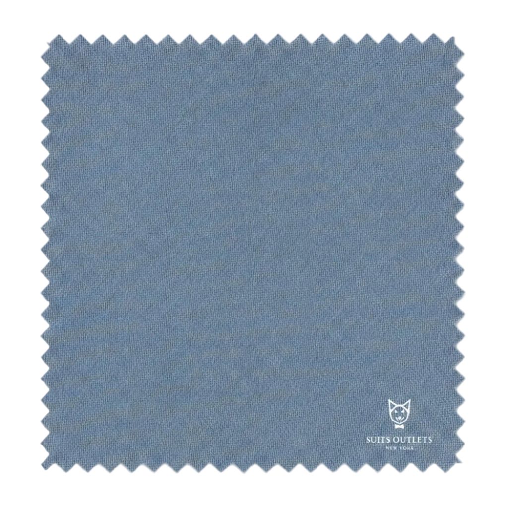 Blue fabric swatch with 'Suits Outlets' logo in the corner