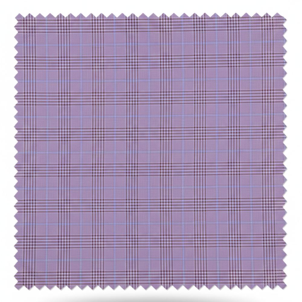Plaid fabric swatch with a purple and blue pattern on a white background