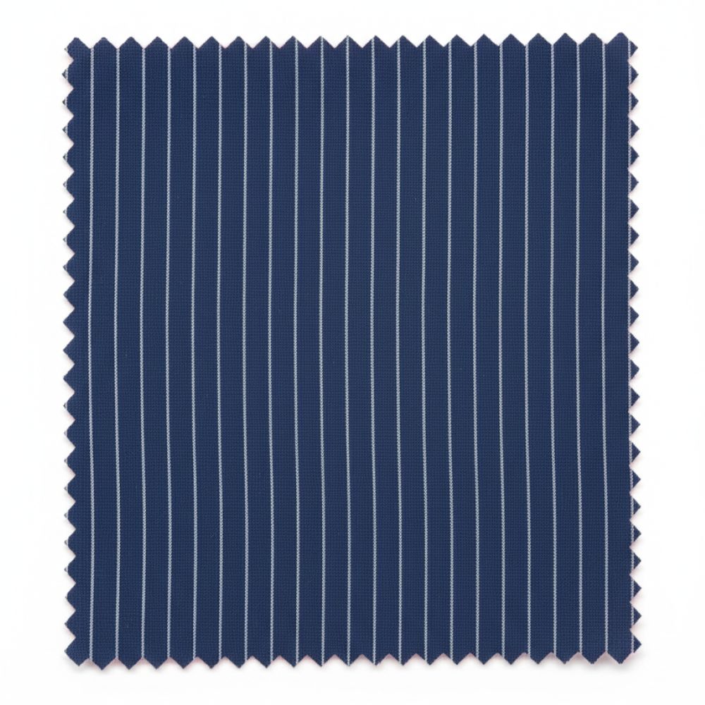 Blue fabric with white pinstripes on a white background