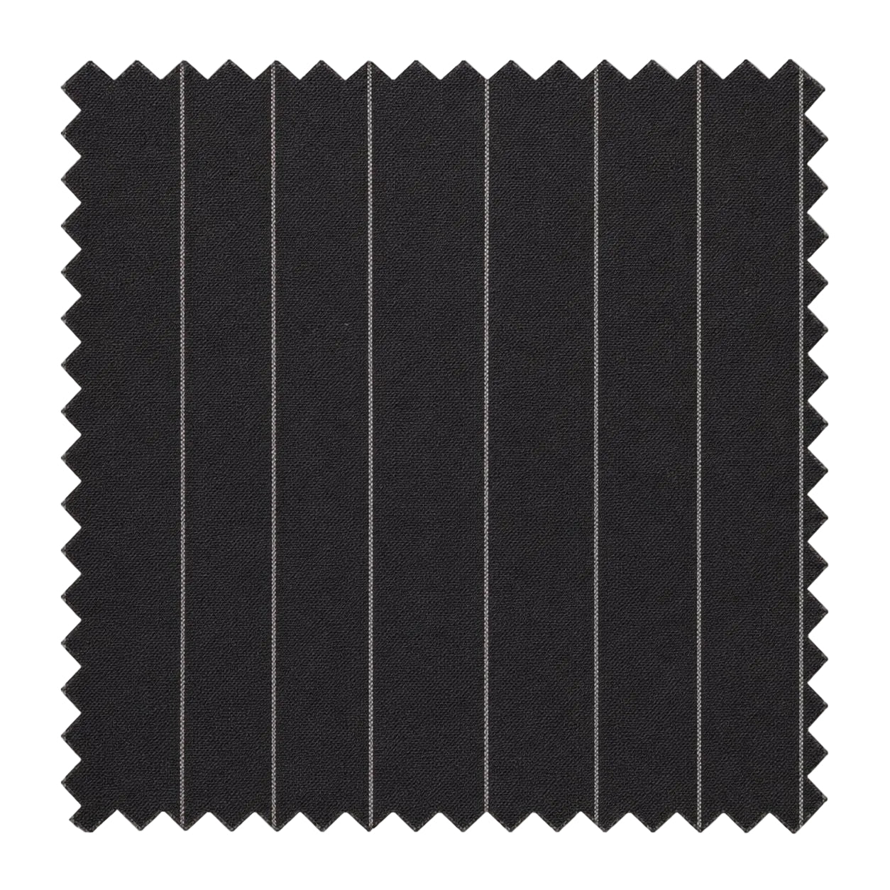 A square fabric swatch with serrated edges, showing a very dark charcoal or black material with thin, evenly spaced light gray vertical pinstripes, isolated on a white background.