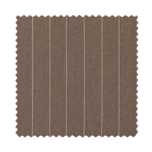 A square fabric swatch with scalloped edges, showing a medium brown material with six thin vertical white pinstripes, isolated on a white background.