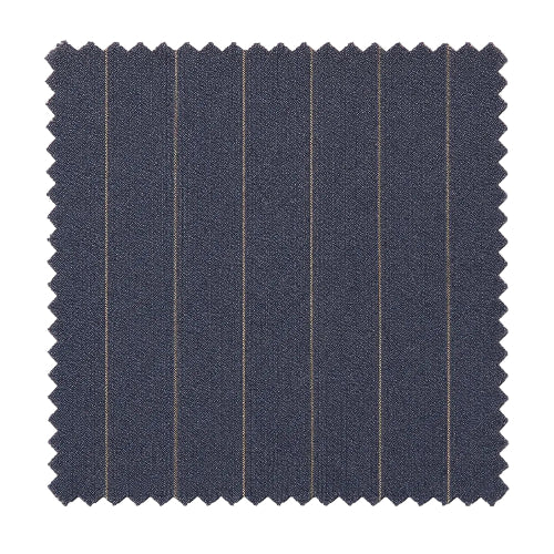 A square fabric swatch with serrated edges, showing a dark navy blue material with thin vertical tan stripes, isolated on a white background.