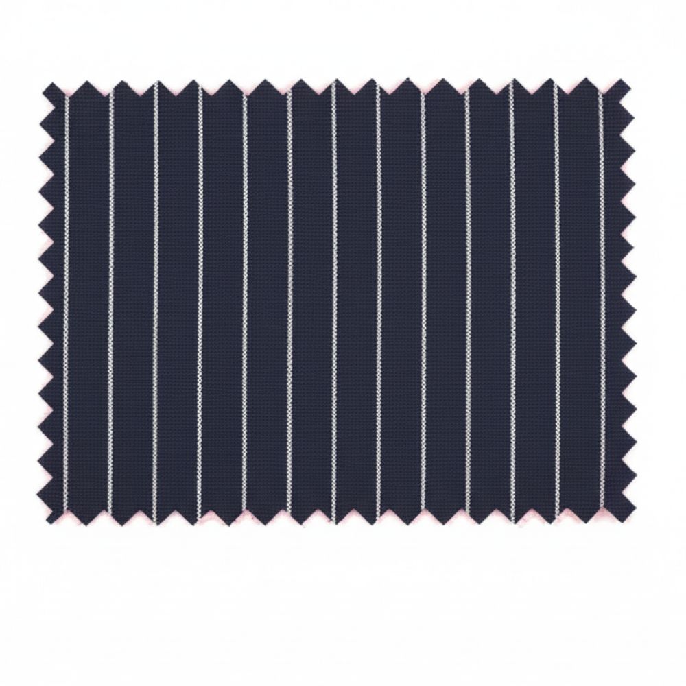 Navy blue fabric with white pinstripes on a white background