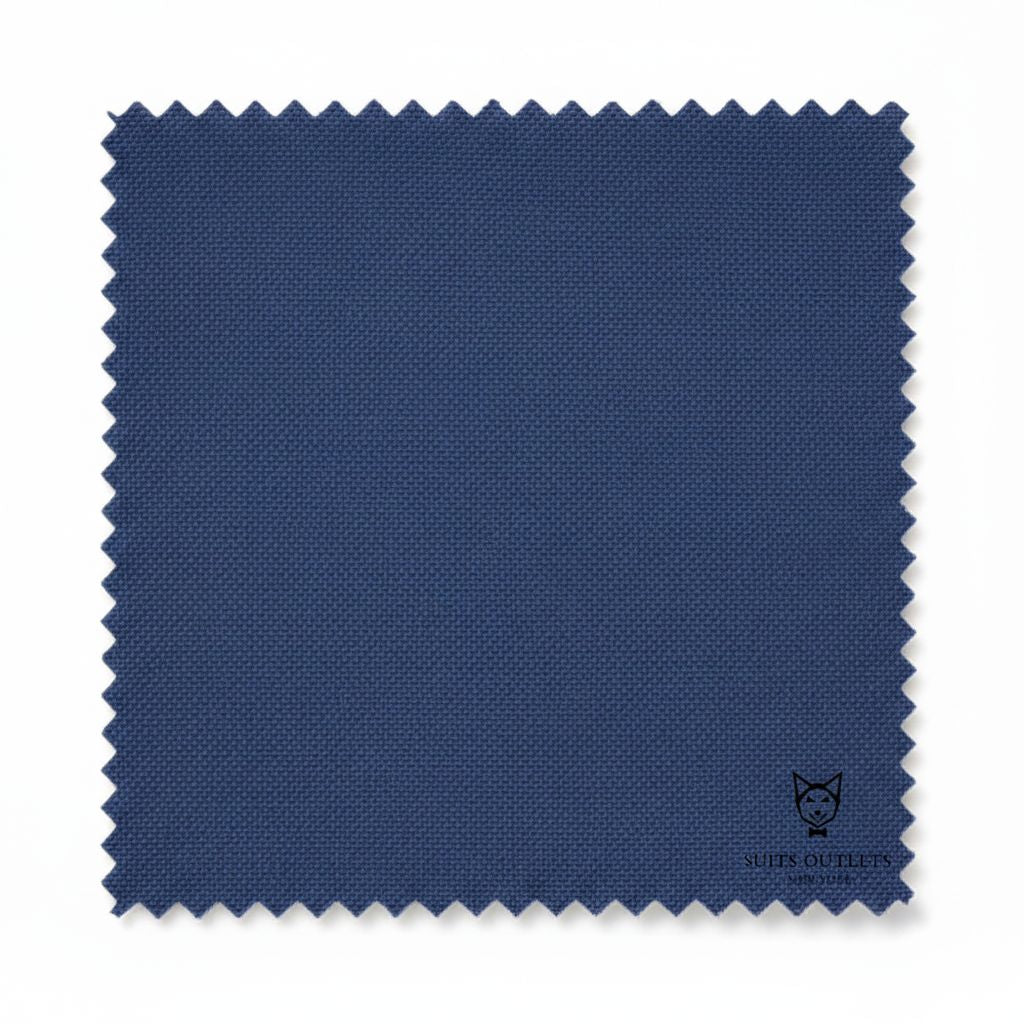 Navy blue fabric swatch with a brand logo at the bottom right corner on a white background