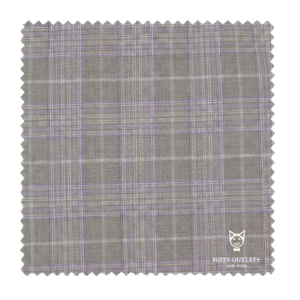Gray plaid fabric swatch with 'Suits Outlets' logo on a white background