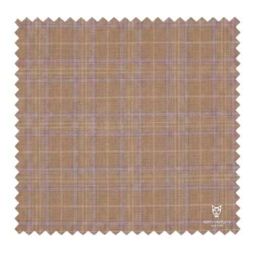 Fabric swatch with brown and purple plaid pattern on a white background