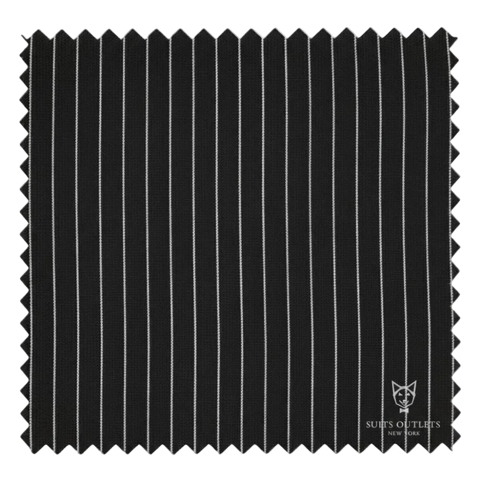 Close-up of the black pinstripe fabric weave from the Rockefeller Collection Double Breasted Stripe Suit.