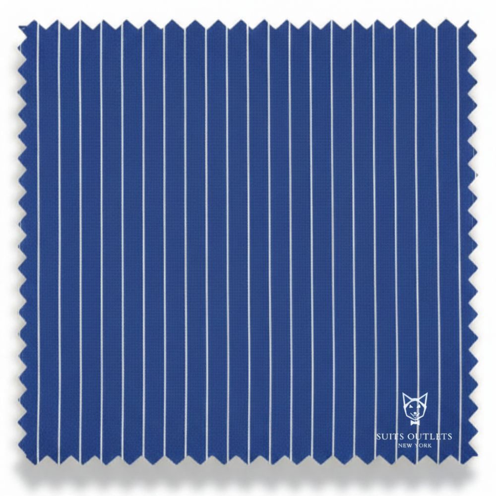 Detailed close-up of the blue pinstripe fabric weave for the Rockefeller Collection Double Breasted Suit.