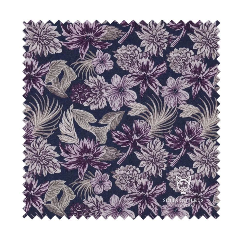 Floral patterned fabric swatch with purple and green flowers on a navy background