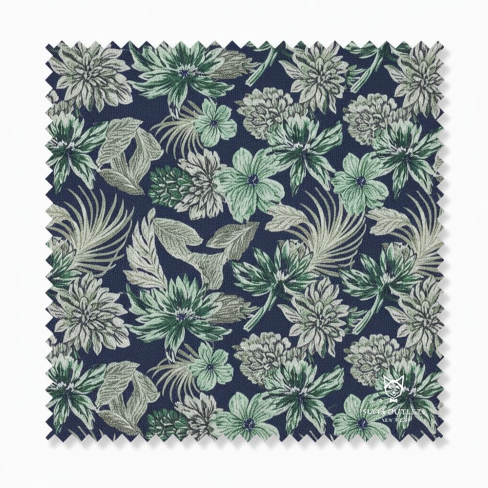 Fabric swatch with green floral and leaf pattern on a navy background