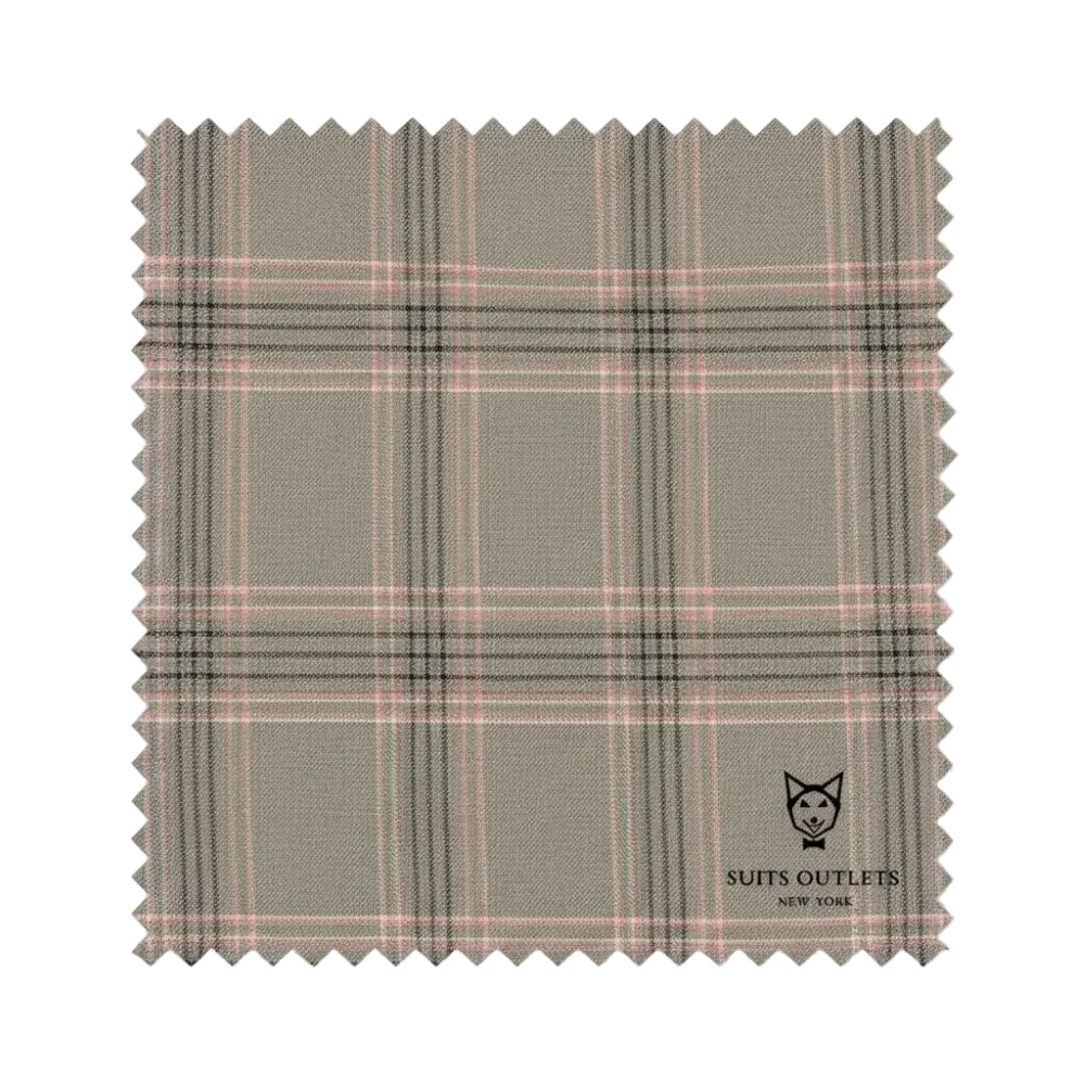 Plaid fabric swatch with a visible brand logo on a white background