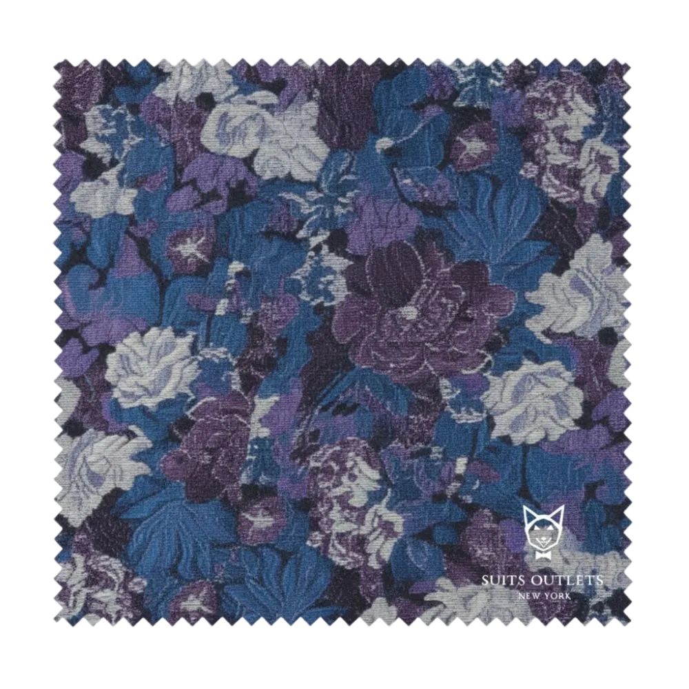 Floral fabric swatch with blue, purple, and white flowers on a white background, featuring the Suits Outlets New York logo.