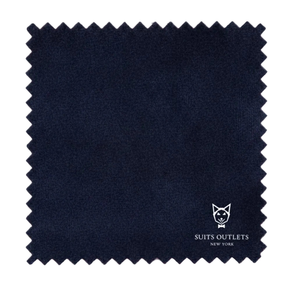 Navy fabric swatch with Suits Outlets New York logo
