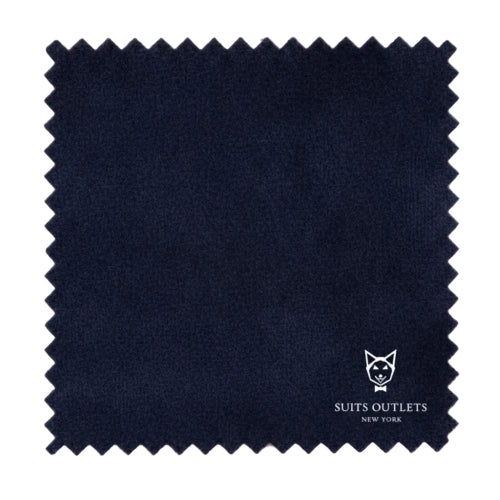 Navy fabric swatch with Suits Outlets New York logo