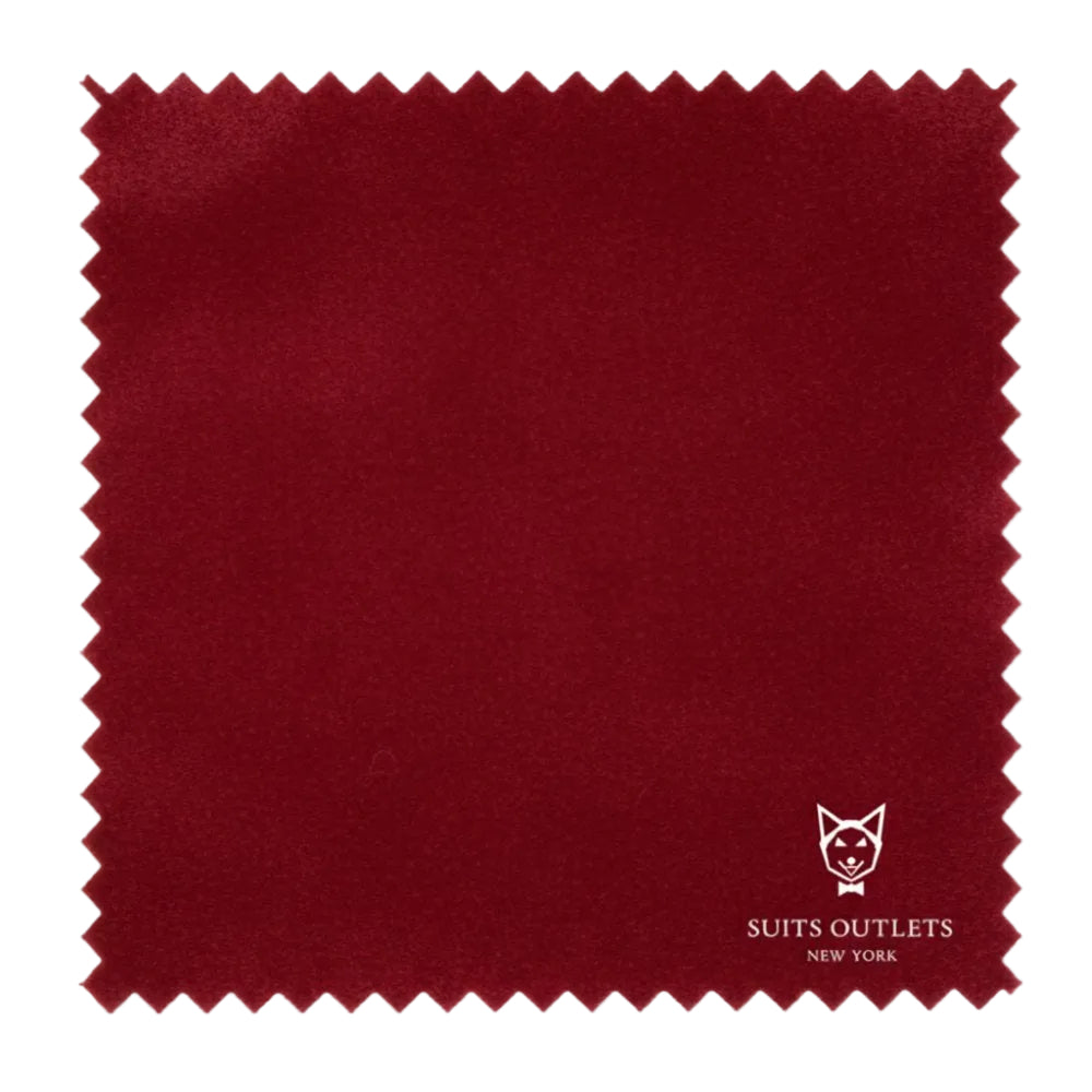 Burgundy fabric swatch with 'Suits Outlets New York' logo.