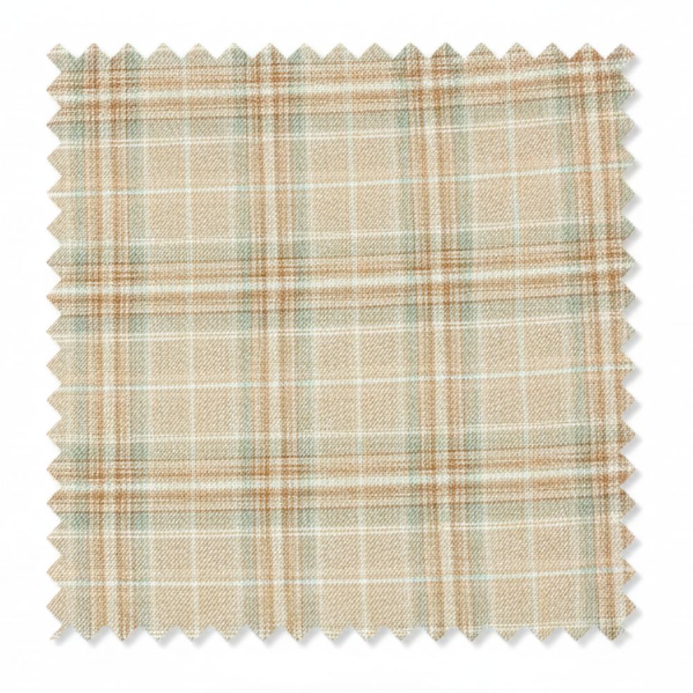 Fabric swatch with a plaid pattern in beige, brown, and green on a white background