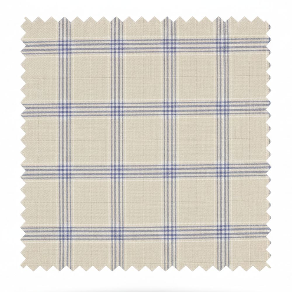 Fabric swatch with a plaid pattern featuring blue and gray lines on a beige background